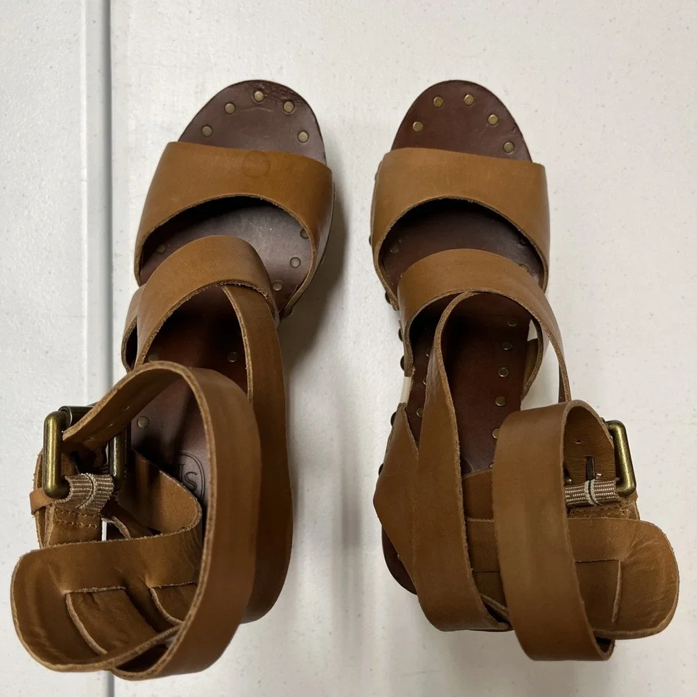 Ash Sandal Wedge‎ Strappy Wrap Ankle Platform Brown Leather Size 37 6.5 Studded